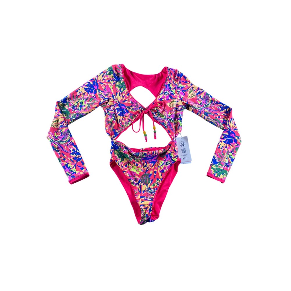 Maaji Reversible Long Sleeve One Piece Swimsuit Tropical Floral Cutout Small